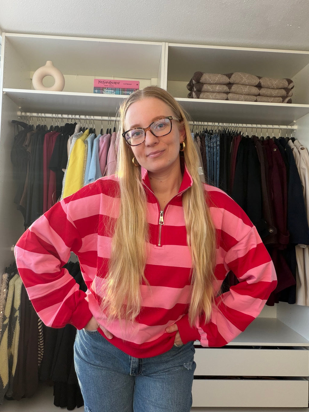 Zipper trui streep - Roze/Rood