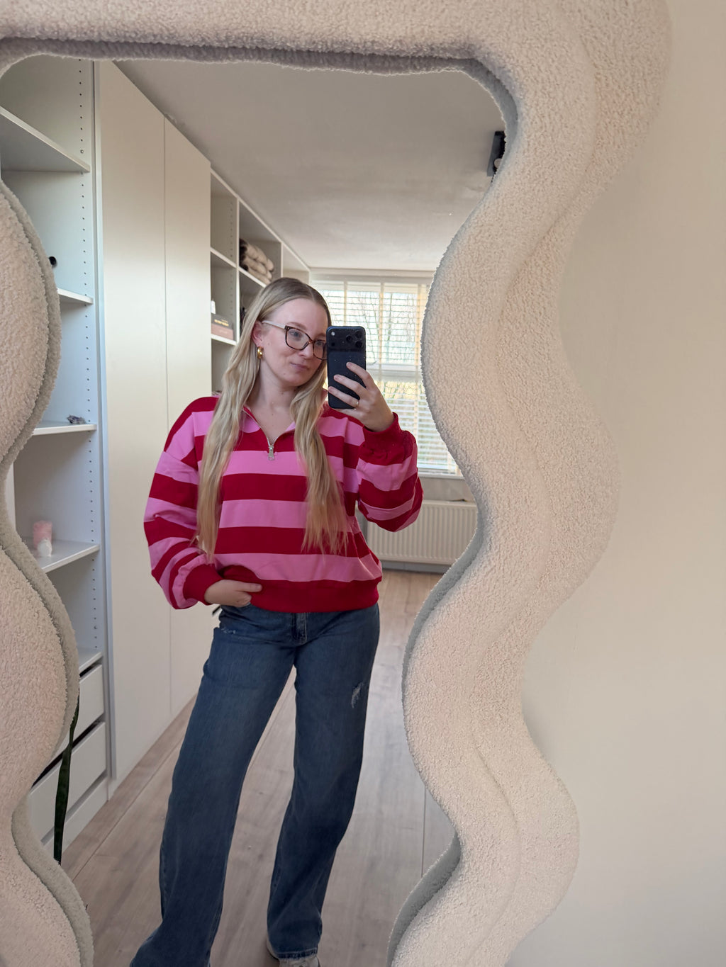 Zipper trui streep - Roze/Rood