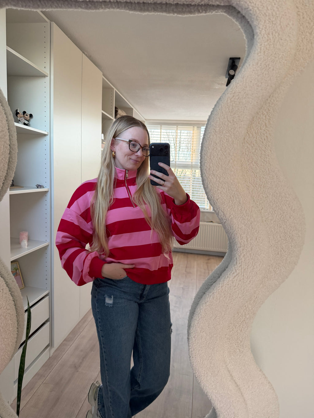 Zipper trui streep - Roze/Rood