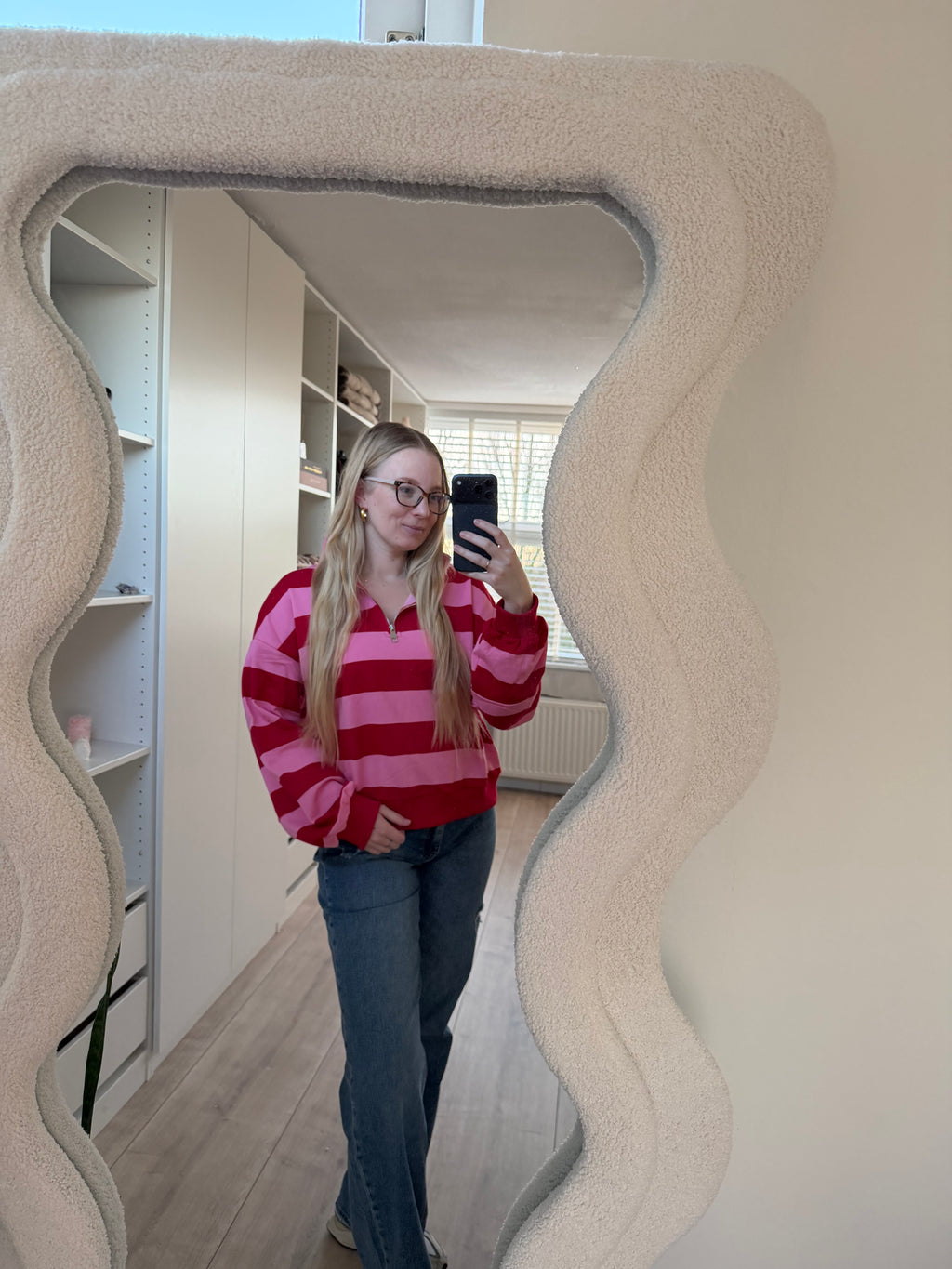 Zipper trui streep - Roze/Rood